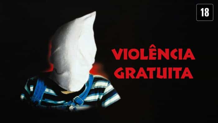 Imagem de pessoa com rosto tapado por pano branco ilustrando a capa do filme Violência Gratuita