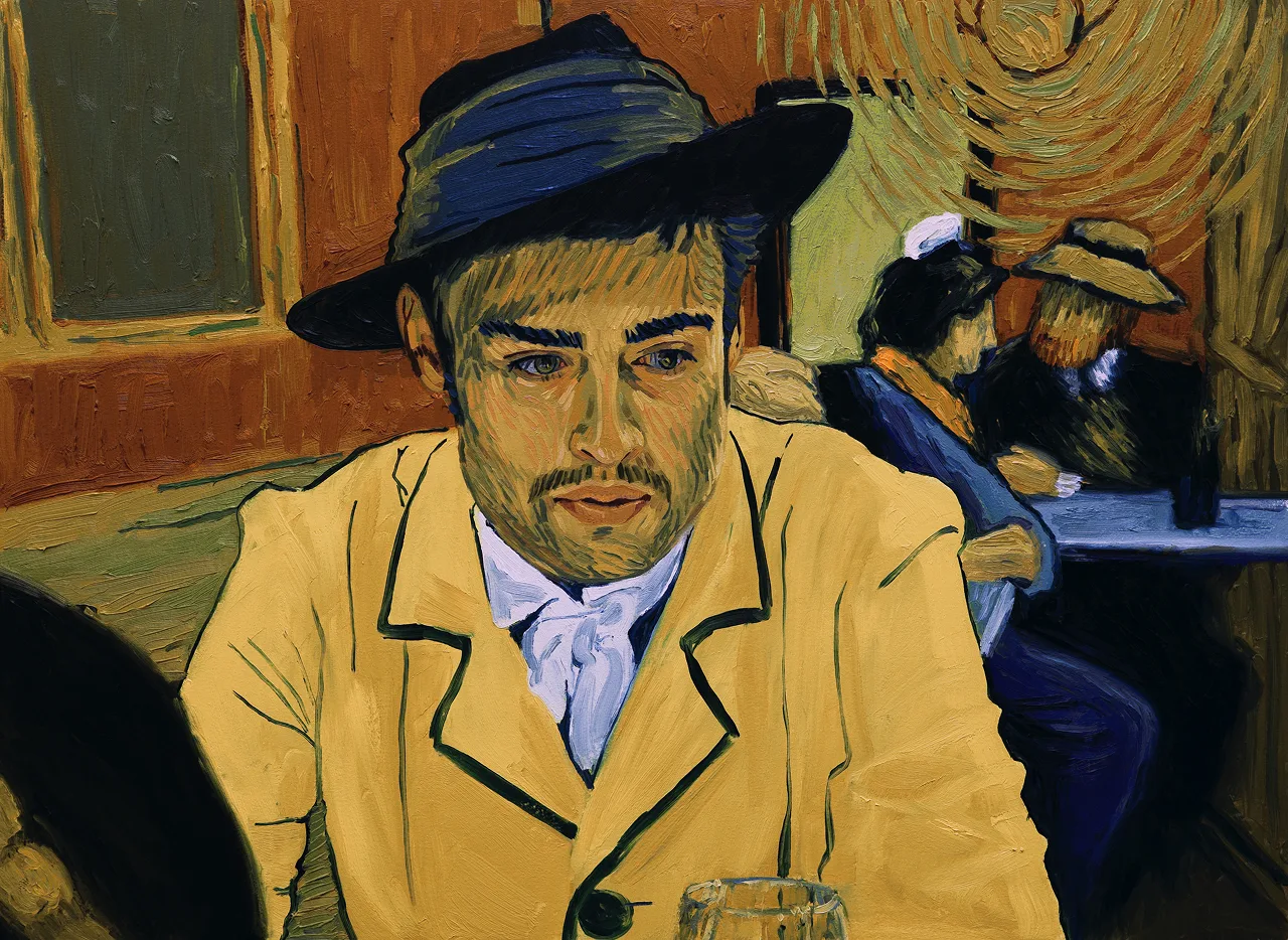 Cena de Com Amor, Van Gogh com homem de chapéu em pintura, entre filmes de animação
